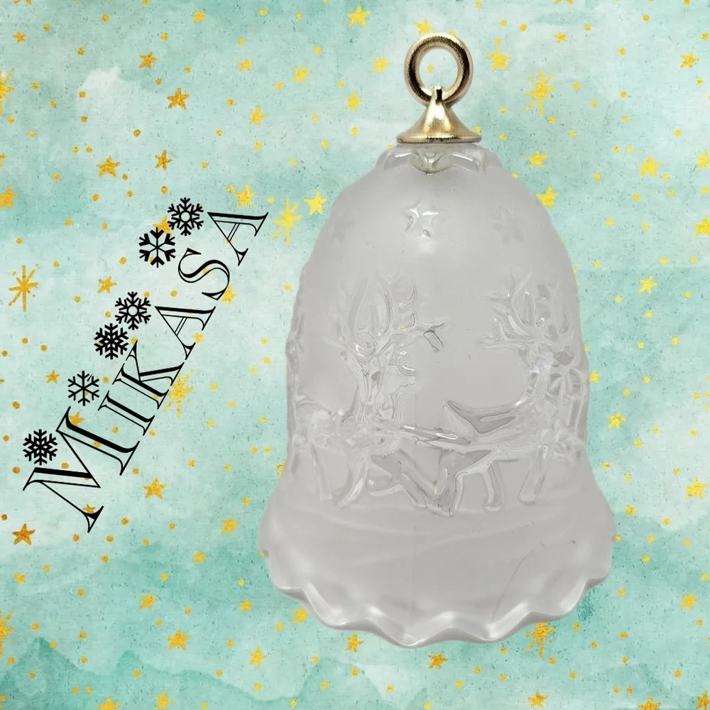Vtg Mikasa Christmas Frosted Glass Holiday Bell Santa, Reindeer & Sled Gift